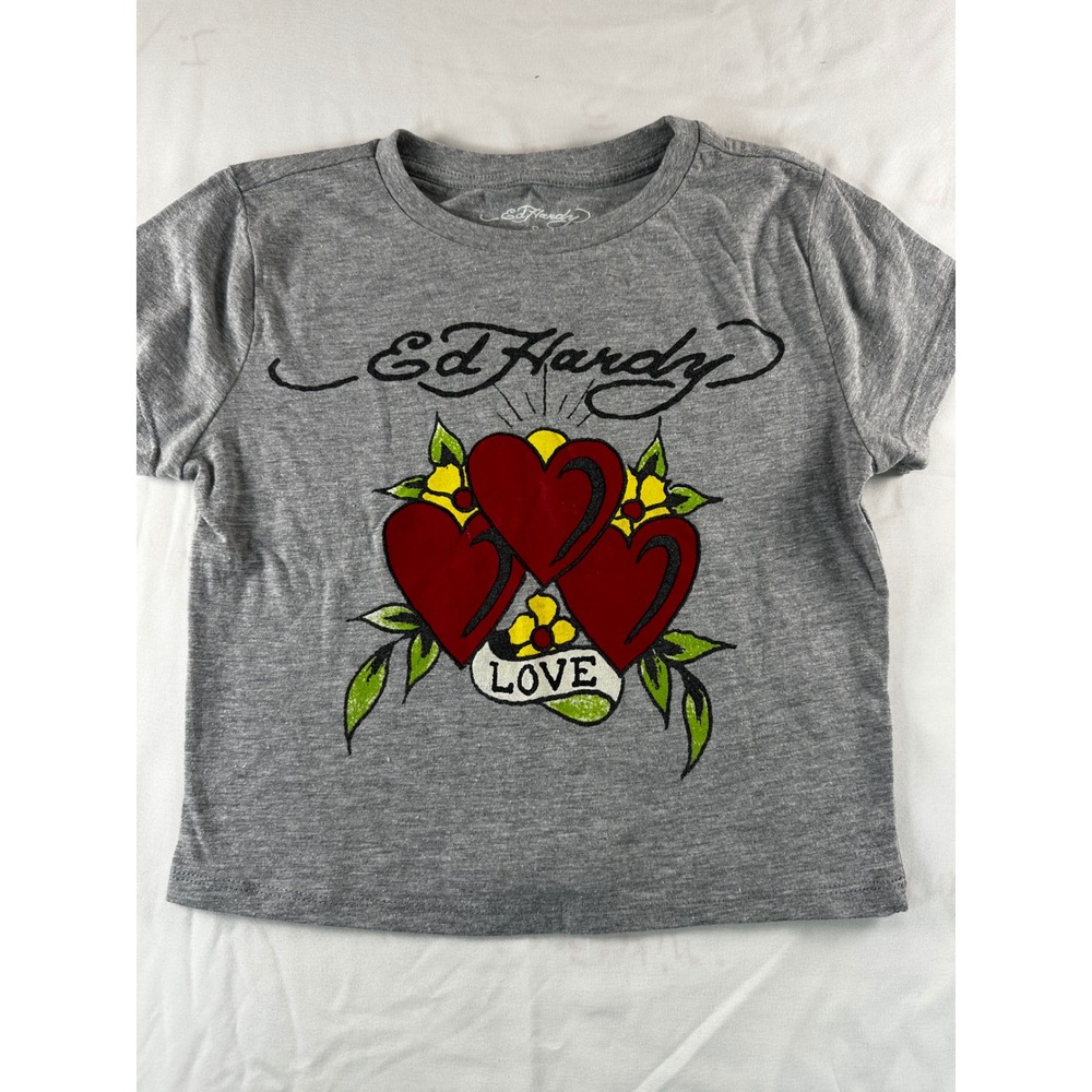 Ed Hardy Gray Tattoo Hearts Love Graphic Crop‎ Top Tee Shirt Womens Small
